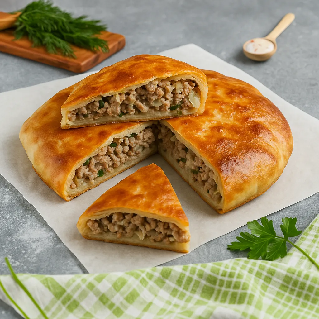 Kıymalı ve soğanlı iç harçla doldurulmuş geleneksel kapalı börek