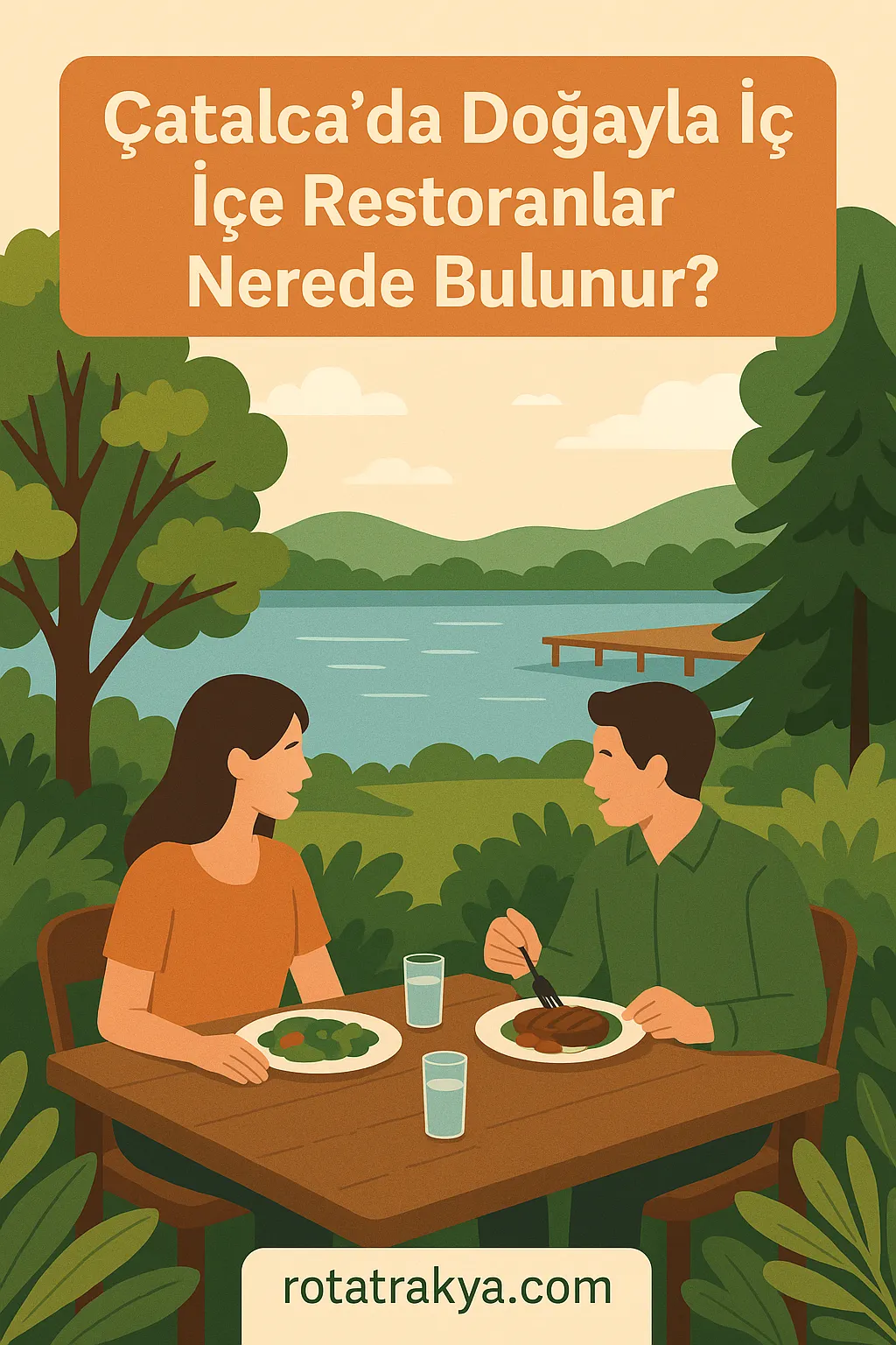 Çatalca’da Doğayla İç İçe Restoranlar Nerede Bulunur? 5 Çatalca’da bir çift, göl manzaralı ormanlık alanda açık havada yemek yerken, doğayla iç içe bir restoran ortamında keyifli bir an yaşıyor.