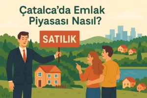 Çatalca’da Emlak Piyasası Nasıl? 15 Çatalca’da doğayla iç içe bir bölgede, emlak danışmanı 'Satılık' tabelasıyla çiftlere müstakil ev seçeneklerini tanıtırken görülüyor.