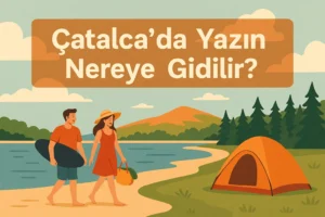 Çatalca’da Yazın Nereye Gidilir? 13 Çatalca’da bir göl kıyısında yaz tatili yapan çift, plajda yürürken çadır kamp alanı ve orman manzarası eşliğinde huzurlu bir gün geçiriyor.