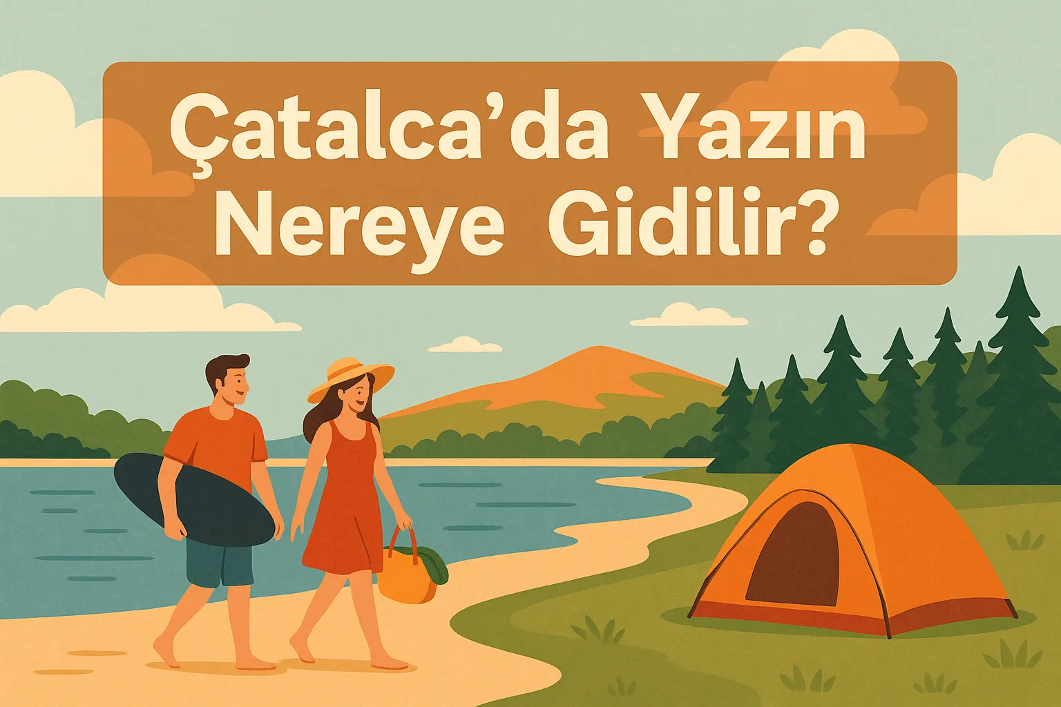 Çatalca’da Yazın Nereye Gidilir? 5 Çatalca’da bir göl kıyısında yaz tatili yapan çift, plajda yürürken çadır kamp alanı ve orman manzarası eşliğinde huzurlu bir gün geçiriyor.