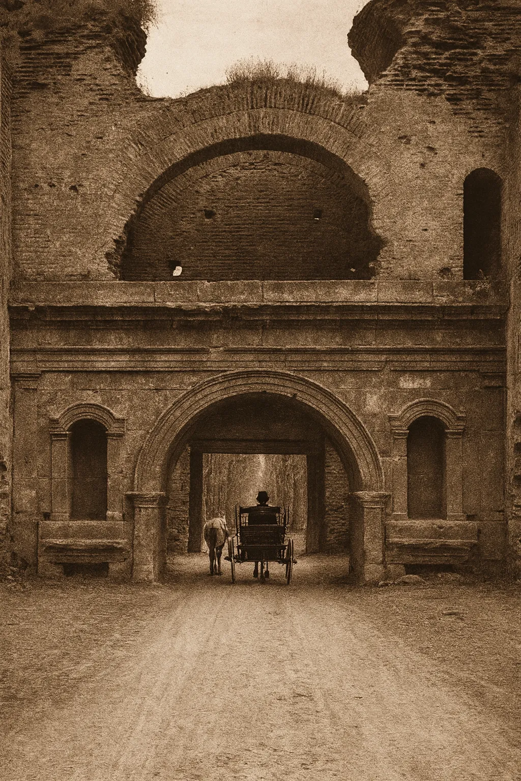 İznik’in tarihi Roma kapılarından birinden geçen at arabası – eski fotoğraf arşivi tarzı sepya görüntü