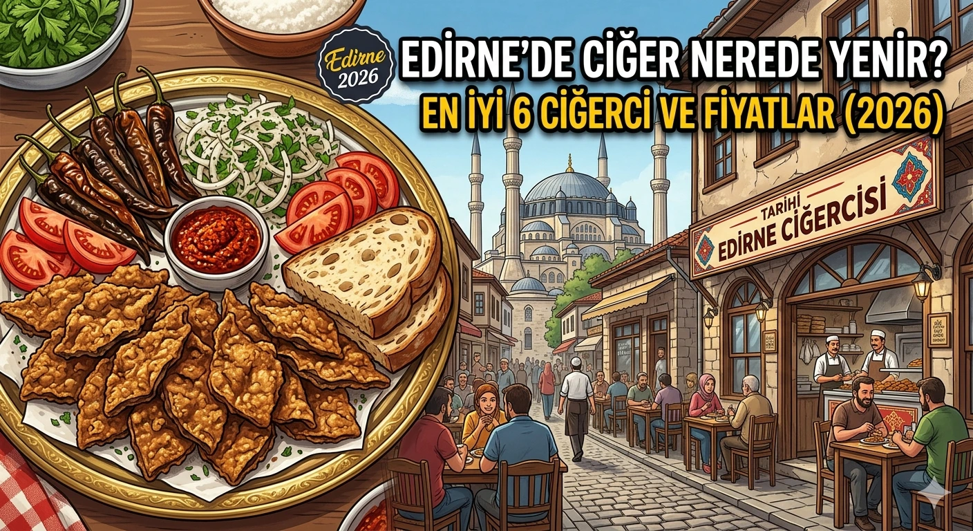 Edirne'de tava ciğeri nerede yenir? Şehrin en iyi 6 ciğercisini (Aydın, Niyazi Usta vb.) gösteren detaylı lezzet haritası. Görselde Edirne Tava Ciğeri'nin yapılışı, köfte, hardaliye gibi yöresel lezzetler ve İstanbul'dan ulaşım rehberi yer alıyor. (2026 güncel fiyatlar)