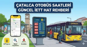 Çatalca Otobüs Saatleri: Güncel İETT Hat Rehberi" başlığı altında, bir saat kulesi, İETT durağı ve yolcuların bindiği "ÇATALCA" yazılı sarı-mor İETT otobüsünün yer aldığı bir sokak sahnesini gösteren illüstrasyon.