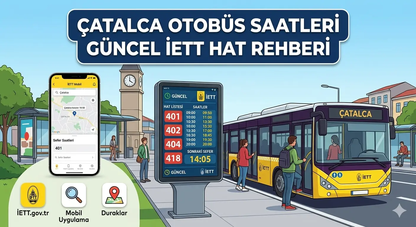 Çatalca Otobüs Saatleri: Güncel İETT Hat Rehberi" başlığı altında, bir saat kulesi, İETT durağı ve yolcuların bindiği "ÇATALCA" yazılı sarı-mor İETT otobüsünün yer aldığı bir sokak sahnesini gösteren illüstrasyon.